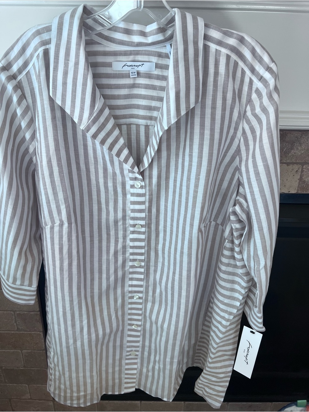 Foxcroft Plus Size 16W Button Front Shirt NWT Linen Striped Neutral Blouse Top